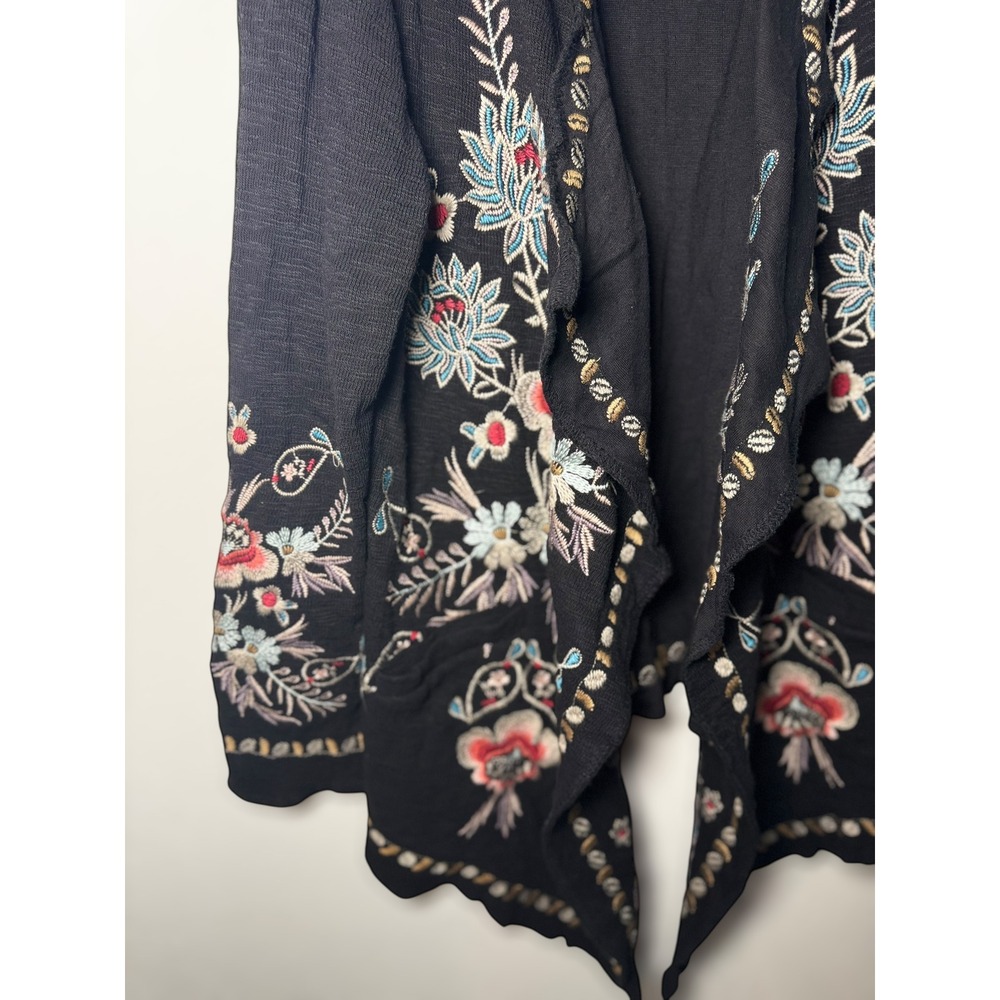 Time for Me Black Floral Embroidered Waterfall Open Front Cardigan Boho Women - Picture 3 of 12